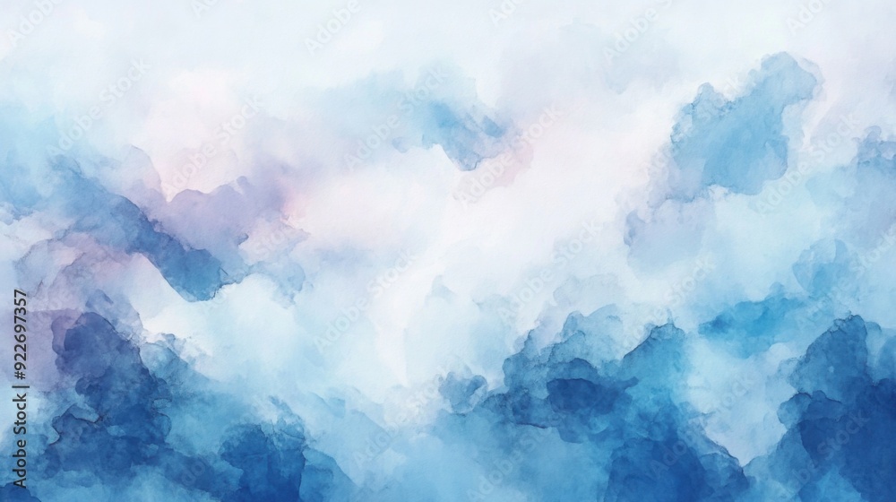 Fototapeta premium Abstract watercolor painting of a dreamy sky with blue, white, and purple hues.