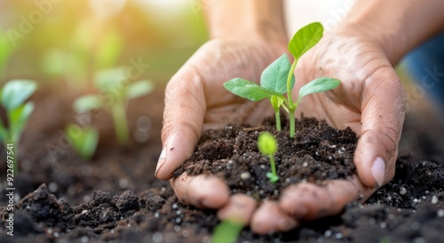 Hand Planting Seedling in Soil Under Warm Sunlight in a Garden