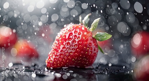Fresh Red Strawberry With Water Drops on Dark Background