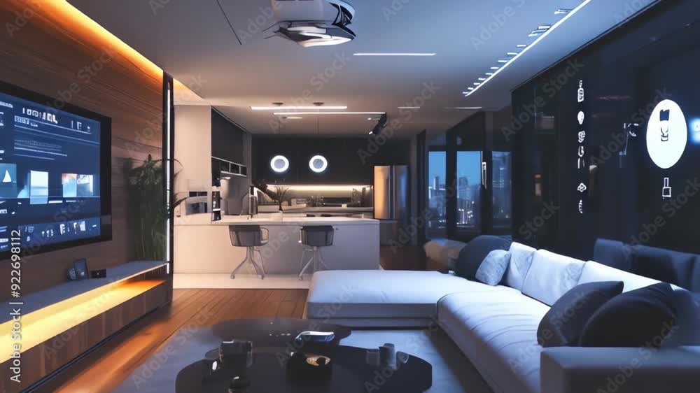 Stylish modern living room with integrated smart technology, illuminated cityscape background. Smart home concept of futuristic home design and urban lifestyle Stylish modern living room with integrated smart technology, illuminated cityscape background. Smart home concept of futuristic home design and urban lifestyle