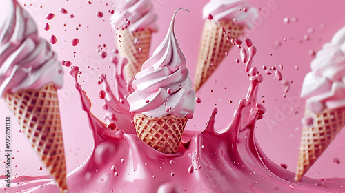 Ice Cream Cones Splashing into Pink Milk Waves photo