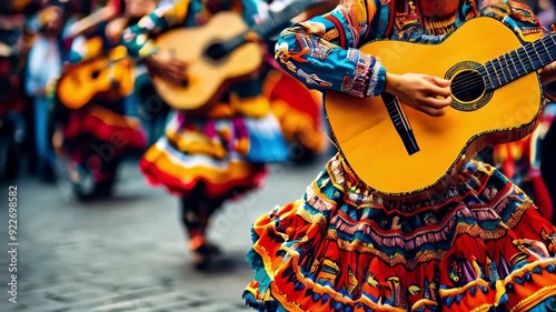 A colorful Mexican folk dancer in traditional colorful costume plays the guitar during a street performance. Hispanic Heritage Month celebration.