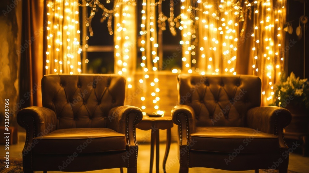 Two chairs sitting in front of a table with lights, AI Two chairs sitting in front of a table with lights, AI