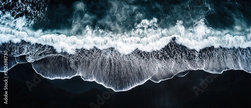 Aerial View of White Waves Crashing on Black Sand Beach
