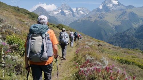 Hiking Adventure in Lush Mountains at Sunrise With Group of Explorers