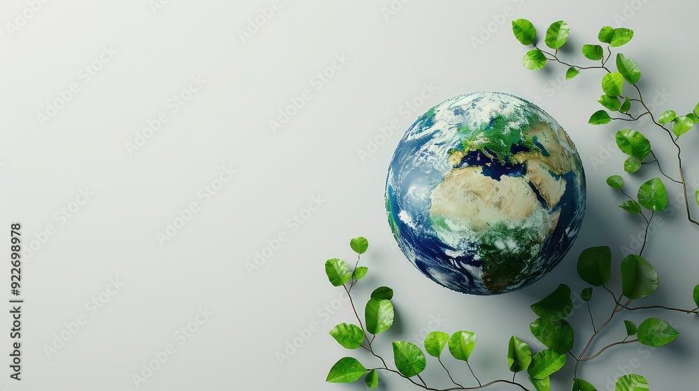 A globe of the Earth is surrounded by green leaves, a concept of sustainability. A globe of the Earth is surrounded by green leaves, a concept of sustainability.