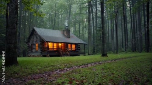 Cozy Log Cabin Surrounded by Misty Forest at Dusk