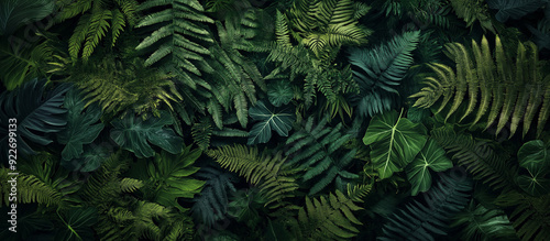 A dense backdrop of various ferns, with their intricate leaves creating stunning green patterns