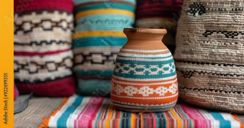 Colorful Handwoven Baskets Displayed on Wooden Shelves in Artisan Marketplace