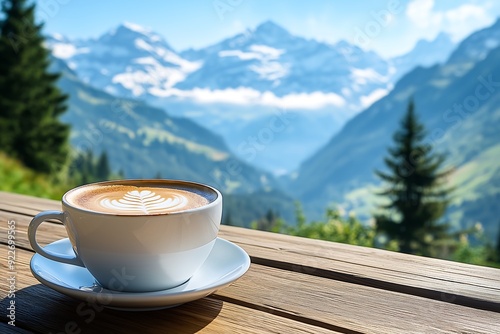 Hot Cappuccino on Wooden Table with Mountain View photo