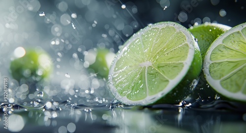 Fresh Lime Slices Surrounded by Water Droplets on Dark Surface