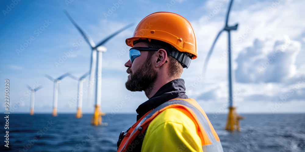 Engineer wearing hard hat looking at offshore wind farm