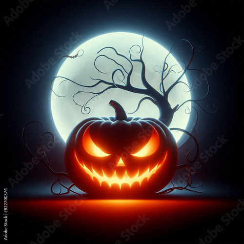 Halloween background with pumpkins and haunted house - 3D render. Halloween background with Evil Pumpkin. 