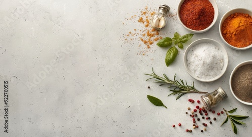 Various Spices and Herbs Arranged Neatly on a Marble Surface