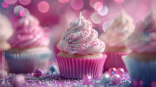 Pink Frosted Cupcakes with Sprinkles and Bokeh Background photo