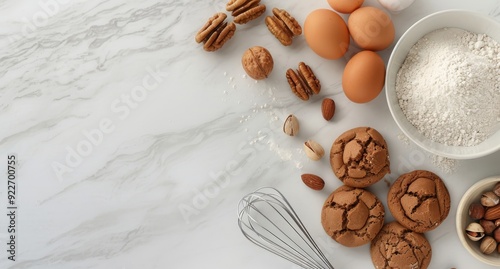 Eggs, Nuts, and Flour Prepared for Baking on a Marble Countertop