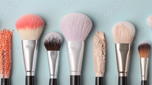 Different Makeup Brushes Organized on a Light Blue Background