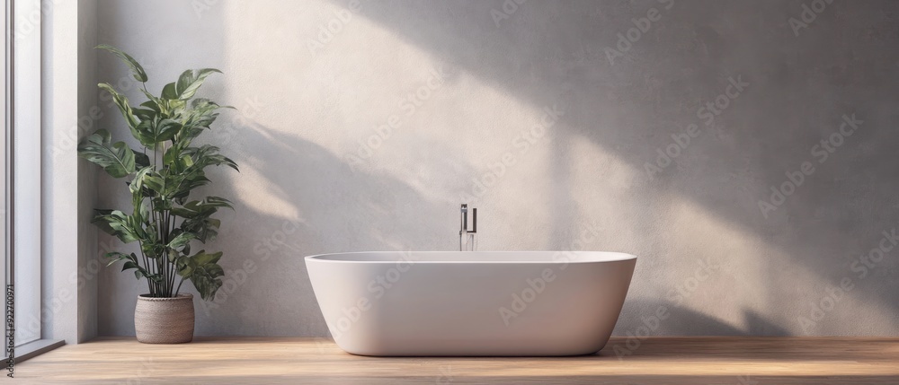 White Bathtub in Minimalist Bathroom with Plant White Bathtub in Minimalist Bathroom with Plant