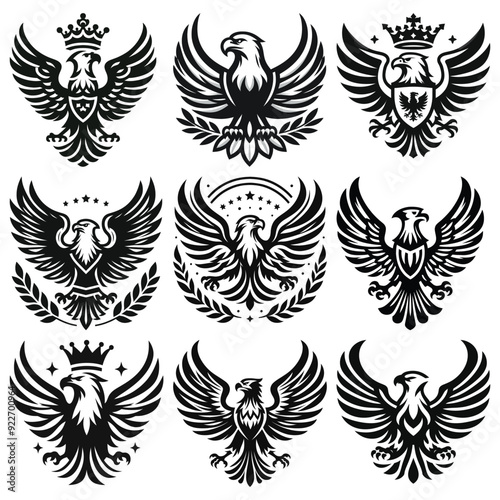 Heraldic eagle emblems coat of arms vector design black and white for crest logo isolated