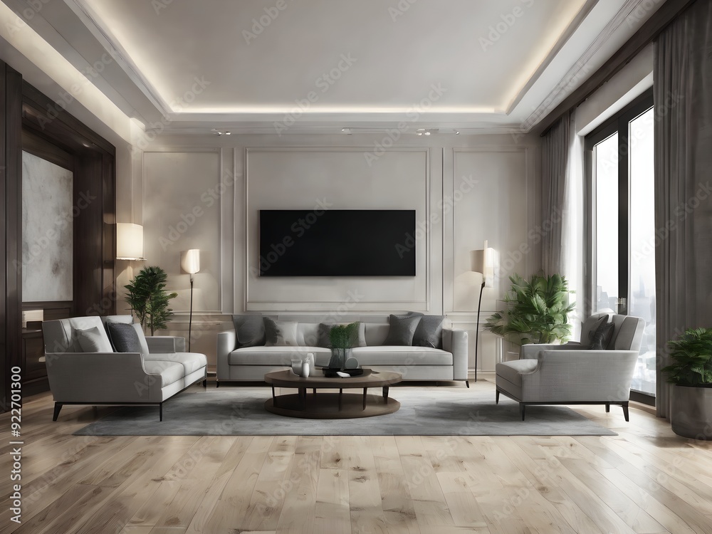 living room interior with tv and big sofa