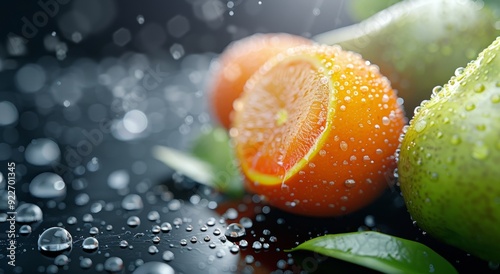 Fresh Mandarins With Water Droplets And Green Leaves On A Dark Surface