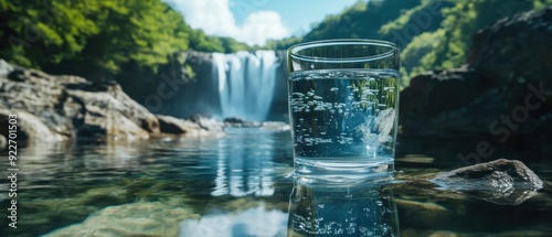 Glass of Water Against Waterfall Background photo