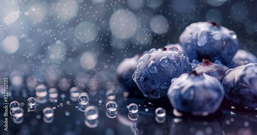 Fresh Blueberries With Water Droplets on Dark Surface