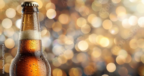 Chilled Beer Bottle Against Blurred Golden Bokeh Background in Evening Light