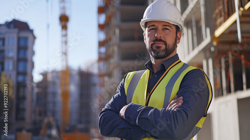 Portrait of confident male engineer in hardhat standing with arms crossed on construction site
