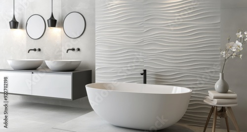 Modern Bathroom Design With Three White Sinks and Textured Wall in Bright Nat...