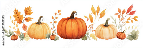 Watercolor Thanksgiving greeting card design, featuring pumpkins, fall foliage, and warm hues
