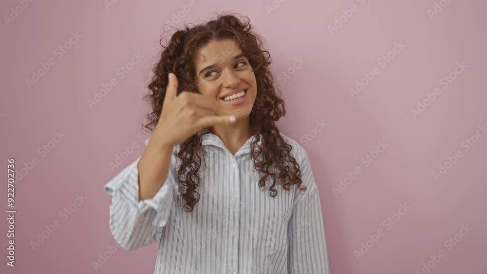 Young woman with curly brunette hair smiling and gesturing over an isolated pink background wall Young woman with curly brunette hair smiling and gesturing over an isolated pink background wall