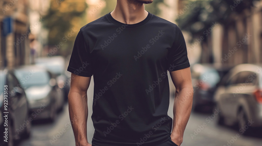 Cropped image of a man in black t-shirt standing on the street. T-shirt Mockup Cropped image of a man in black t-shirt standing on the street. T-shirt Mockup