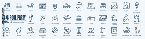 Pool summer party icon collection. Outline symbol collection. Editable vector stroke. 64x64 Pixel Perfect.