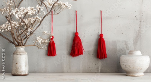 Red Decorative Tassels Hanging on a Branch Against a Rustic White Background