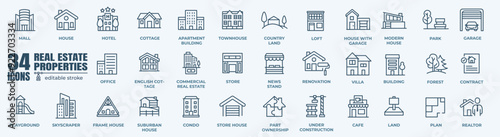 Real estate Properties line icons set. Urban architecture. State institutions, religious and cultural monuments.
