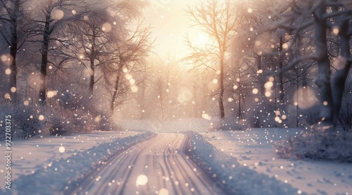 Snow-Covered Pathway Through a Winter Forest at Sunrise