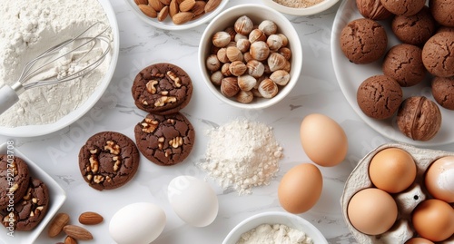 Eggs, Nuts, and Flour Prepared for Baking on a Marble Countertop