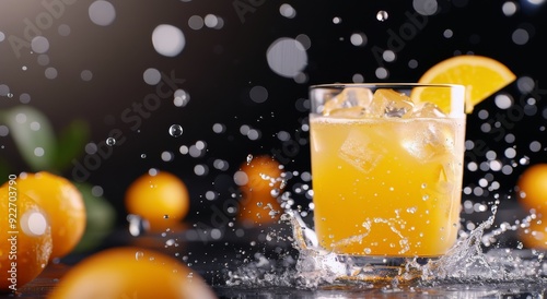 Refreshing Citrus Drink With Ice and Oranges Splashing on Dark Background
