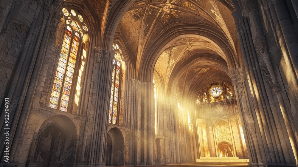 Sunlight Streaming Through Stained Glass Windows in a Cathedral Sunlight Streaming Through Stained Glass Windows in a Cathedral