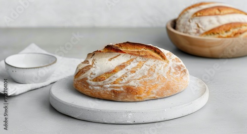 Freshly Baked Artisan Bread on a Wooden Cutting Board in a Light Kitchen