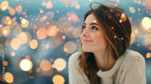Woman Smiling With Soft Lights in Cozy Indoor Setting at Evening