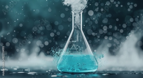 Blue Liquid in Glass Flask With Vapor on Dark Background in Laboratory Setting