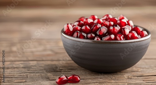 Fresh Pomegranate Seeds in a Bowl on Wooden Table