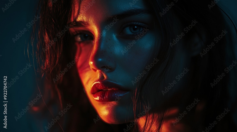 Close-up portrait of a woman with red and blue light illuminating her face. Close-up portrait of a woman with red and blue light illuminating her face.