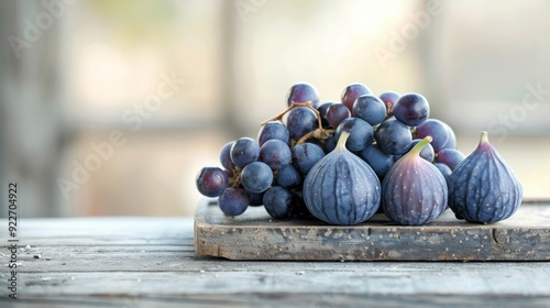 Fresh Grapes and Figs on Wooden Cutting Board With Frost in Natural Light