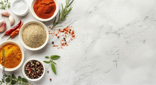 Various Spices and Herbs Arranged Neatly on a Marble Surface