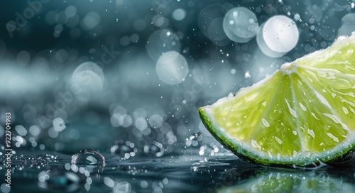 Fresh Lime Halves With Dew Drops On A Blue Background In Soft Focus