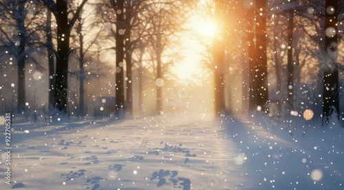 Snow-Covered Pathway Through a Winter Forest at Sunrise