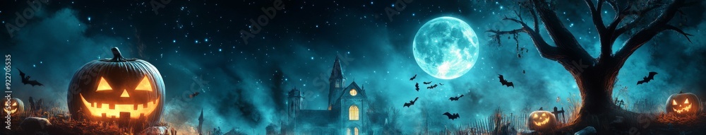 Naklejka premium Halloween Festive Mania: Eerie Night of Moonlit Bats, Haunted Church, and Pumpkin Zombies Emerging from the Graveyard.